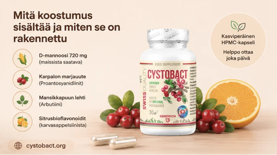 Cystobact — D-mannoosi, karpalo, mansikkapuun lehti ja sitrusbioflavonoidit